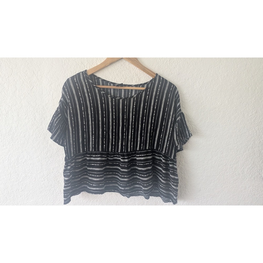 Paper Crane‎ Black White Striped Peplum Flutter Sleeve Top TM41354A Small